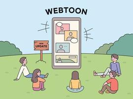 Koreans are enjoying webtoons on their mobile devices. A lot of people are sitting around a big smartphone and there are comic pages on the screen. vector