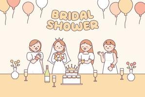 Friends are giving the bride a bridal shower party. Bridesmaid friends in dresses with celebration cake. vector