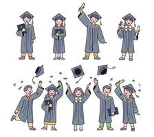 A collection of graduate characters. Students dressed in graduation costumes are holding their diplomas and tossing their hats upwards, rejoicing. vector