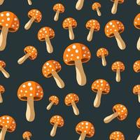 Seamless repeating pattern of orange mushroom with white dots on it on dark blue background. Vector illustration