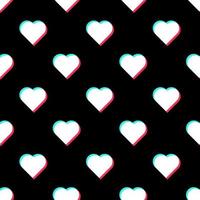 Seamless pattern with heart glitch effect on a black background vector art illustration.