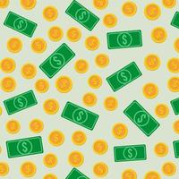 Seamless pattern with money, coins and banknotes on a light green background vector art illustration.