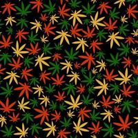 Seamless pattern with colorful cannabis leaves on a black background vector art illustration.