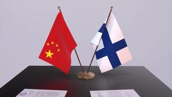 Finland and China flag 3D background. Politics illustration. Deal, agreement animation. Signing paper video