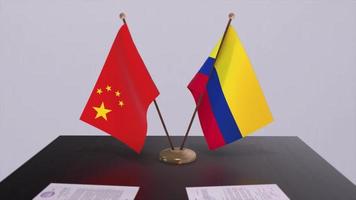 colombia och Kina flagga 3d bakgrund. politik illustration. handla, avtal animation. signering papper video