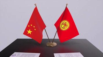 fundo 3d da bandeira do Quirguistão e da China. ilustração de política. negócio, animação de acordo. papel de assinatura video