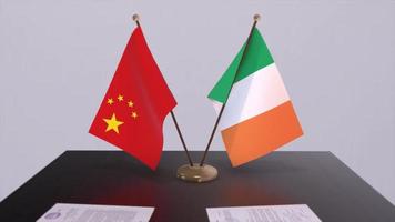 Ireland and China flag 3D background. Politics illustration. Deal, agreement animation. Signing paper video