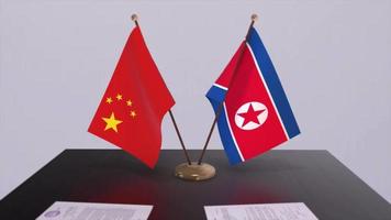 fundo 3d da bandeira da coreia do norte e da china. ilustração de política. negócio, animação de acordo. papel de assinatura video