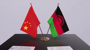 fundo 3d da bandeira do maláui e da china. ilustração de política. negócio, animação de acordo. papel de assinatura video
