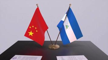 Nicaragua and China flag 3D background. Politics illustration. Deal, agreement animation. Signing paper video