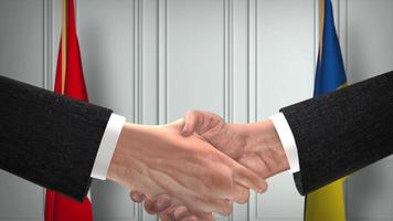 Switzerland and Ukraine diplomacy deal animation. Businessman partner handshake. National flag on background video