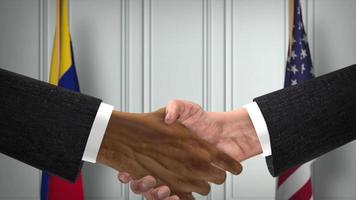 Partnerschaftsgeschäft zwischen Venezuela und den USA. Flaggen der nationalen Regierung. offizielle Diplomatie-Handshake-Illustrationsanimation. Vereinbarung Geschäftsmann Hände schütteln video