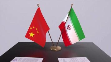 Iran and China flag 3D background. Politics illustration. Deal, agreement animation. Signing paper video