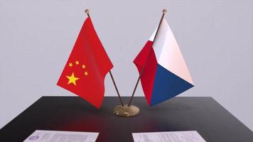 Czech and China flag 3D background. Politics illustration. Deal, agreement animation. Signing paper video