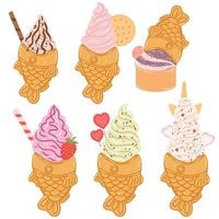 Set of taiyaki fish-shaped ice cream cone in cartoon flat style. Hand drawn vector illustration of traditional Japanese food, sweet, dessert