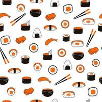 Seamless pattern with sushi, soy sauce, ginger, wasabi, chopsticks in doodle style. Hand drawn background of Japanese traditional cuisine vector