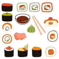 Sushi set with with soy sauce, ginger, wasabi, chopsticks in flat style. Hand drawn illustration of Japanese traditional cuisine. vector