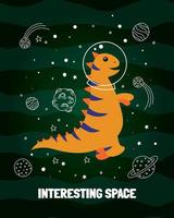 Beautiful orange dinosaur astronaut in space. vector