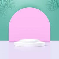 pila de podio de pedestal de 2 cilindros blancos con fondo rosa y verde, escena de plataforma para exhibición o exhibición de productos, fondo de escenario de círculo realista en 3d. vector
