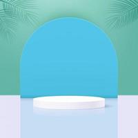 podio de pedestal de cilindro blanco con fondo azul y verde, escena de plataforma para exhibición o exhibición de productos, fondo de escenario de círculo realista 3d. vector