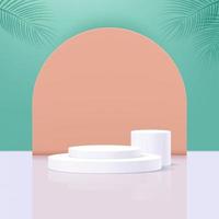 2 white cylinder pedestal podium with orange and green background, platform scene for product display or showcase, 3d  realistic circle stage background. vector