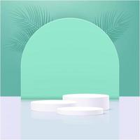 3 white cylinder pedestal podium with green background, platform scene for product display or showcase, 3d  realistic circle stage background. vector