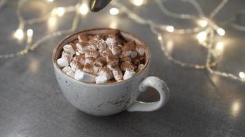 Marshmallows stir with a spoon in a mug with delicious hot chocolate cocoa drink. Lights are on in the background. Slow motion. video