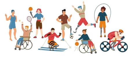 Sport people with prosthesis and in wheelchair. vector