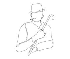 abstract man in a hat with a cigar and a cane, gentleman, hand-drawn, continuous mono line, one line art, contour drawing vector