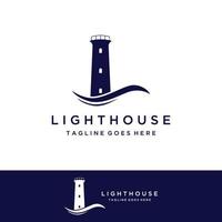 Sea lighthouse tower building creative Logo design with spotlights vintage vector template.