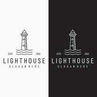 Sea lighthouse tower building creative Logo design with spotlights vintage vector template.