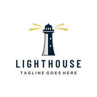 Sea lighthouse tower building creative Logo design with spotlights vintage vector template.