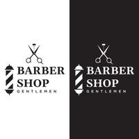 plantilla de logotipo de barbería en estilo vintage con el concepto de tijeras, maquinilla de afeitar y otras herramientas.logotipo para negocios, salón, etiqueta y barbería. vector