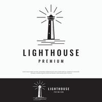 Sea lighthouse tower building creative Logo design with spotlights vintage vector template.