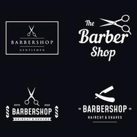 plantilla de logotipo de barbería en estilo vintage con el concepto de tijeras, maquinilla de afeitar y otras herramientas.logotipo para negocios, salón, etiqueta y barbería. vector