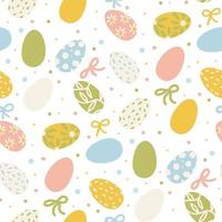 Vector seamless simple drawing with painted decorated eggs, bows and dots. Easter holiday white background for printing on fabric and paper, scrapbooking paper, gift wrapping and wallpaper.