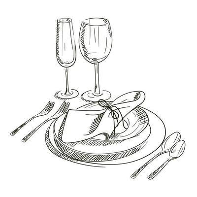 A hand-drawn sketch of a dinner service for a wedding ceremony. Preparation for the wedding ceremony. Plates, champagne glasses, knife, spoon, fork, napkin, wine glass. Serving. On a white background