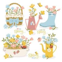 un conjunto de ramos en contenedores. en el feriado del día de la mujer, el 8 de marzo es un feriado de primavera. ramo, flores florecientes en un lavabo, una bota, una regadera, una tetera y hojas. lindas postales, pegatinas
