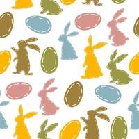 A pattern of colored Easter bunnies and eggs. The contours of rabbits and eggs are stitched along the edge. Rabbit or hare, a spring festive animal for Easter. Cartoon vector made of fabric. Packaging
