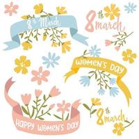 A set of inscriptions and illustrations for March 8 with a ribbon and flowers. Women's Day. Calligraphy-style inscriptions in English. Template for posters, postcards, banners, stickers. Women's Day. vector