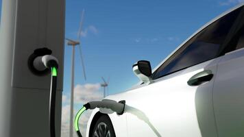 rendu 3d réaliste du port de charge du véhicule électrique branchant la voiture. station ev avec port branché dans la voiture. énergie alternative, concept de récupération d'énergie verte. video