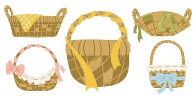 A set of wicker baskets with isolated images of wooden baskets with ribbons on a white background. Flat vector illustration for holidays. use on banners, flyers