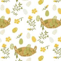 Vector seamless pattern with beautiful flowers and eggs in a basket. Easter background in bed tones. A basket with spring flowers and painted eggs. A simple illustration of a flat. Gift packaging