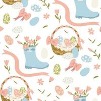 A pattern of a simple pattern with colored eggs in a basket, with flowers in a boot and ribbons. Easter holiday white background for printing on fabric and paper, gift wrapping and wallpaper. vector