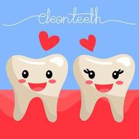 Cute teeth emoticons are in love with each other. Clean, even, joyful teeth with emotions. A girl and a boy and an inscription. Dental in a flat style. Illustration for banners, leaflets, postcards. vector