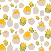 A pattern of Easter candles in the form of colored tulips, chickens, eggshells in yellow flowers. Wax candles with a wick on a white background. Easter candles. Print paper and textiles Gift packaging vector