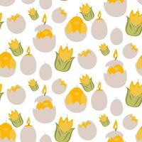 A pattern of Easter candles in the form of colored tulips, chickens, eggshells in yellow flowers. Wax candles with a wick on a white background. Easter candles. Print paper and textiles Gift packaging vector