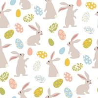 A pattern of gray Easter bunnies and colored painted Easter eggs. Different bunnies for kids. Rabbit or hare, a spring festive animal for Easter. Cartoon vector character made of fabric. Packaging