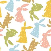 Pattern of Easter bunnies made of polka dot fabric sewn. Rabbit toys for children. Rabbit or hare, a spring festive animal for Easter. Cartoon festive simple vector character made of fabric.