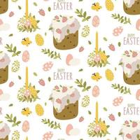 Easter bun pattern with icing and decoration, citrus fruits, eggs, candles, hares and decor. Pastel palette. Easter vector pattern. Colorful Easter eggs and buns. Gift wrapping for Easter